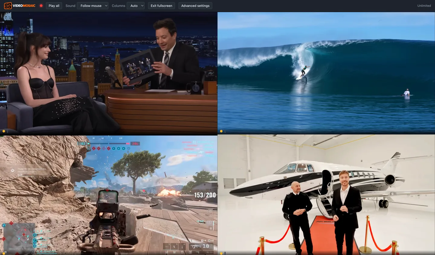 A Video Mosaic wall: four different videos playing side by side in a two-by-two grid, under a toolbar with Play all, Sound, Columns and Exit fullscreen controls.